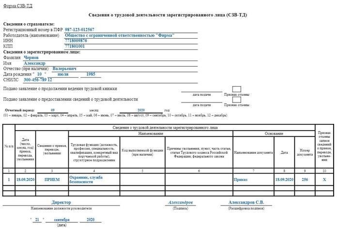 Как заполнить СЗЗ-ТД об отмене приема на работу