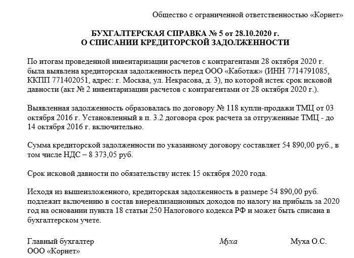 Какой период установлен для списания кредиторской задолженности?